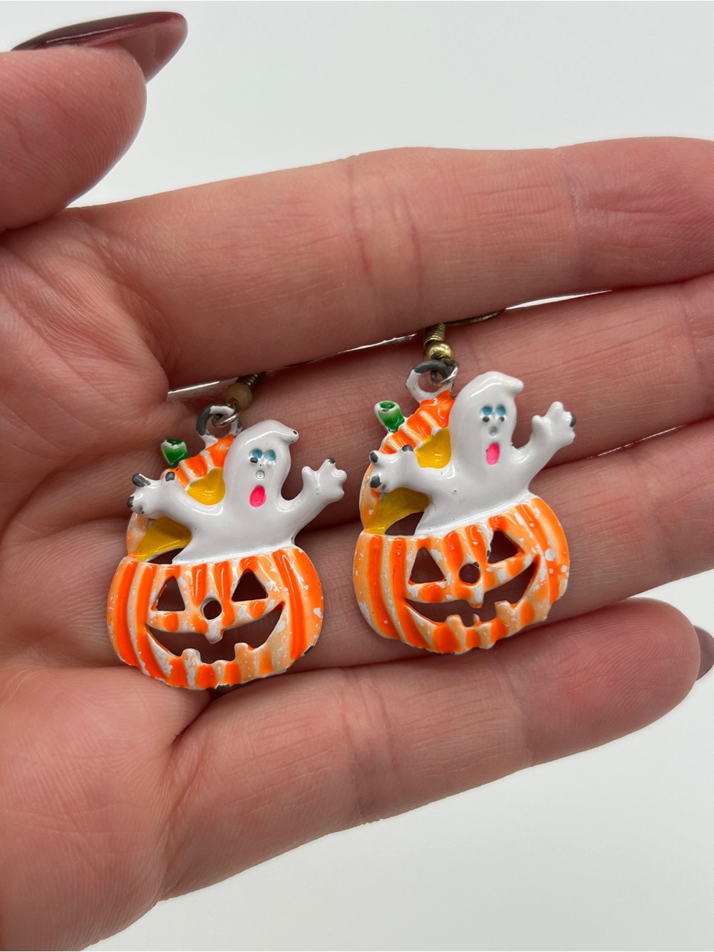 Vintage Halloween Enamel Ghost in Jack O Lantern Drop Dangle Earrings Spooky